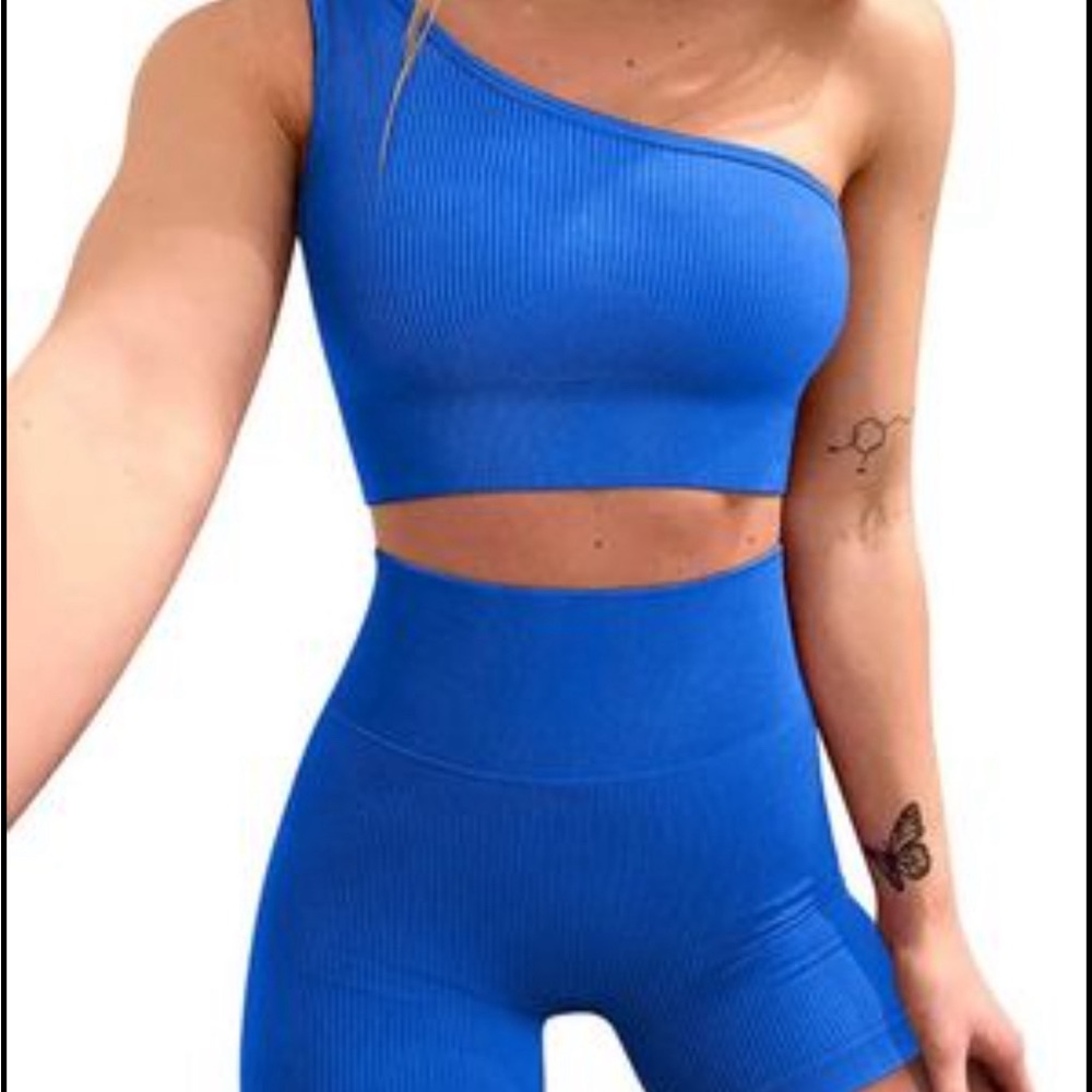 Ribbed royal blue one shoulder workout set